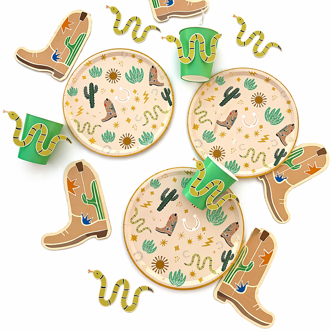 Essential Western Party Pack with cowboy boots, cacti, suns, and rodeo-themed plates, cups, and napkins for 12 guests