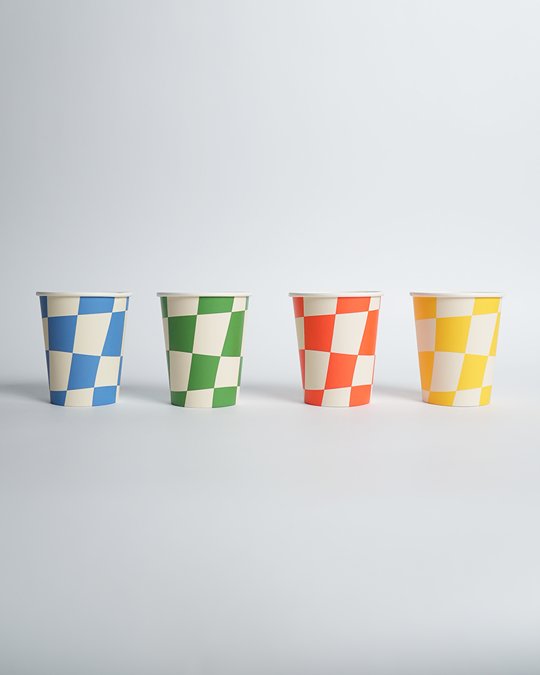 Essential checkered chef party pack with plates, cups, and tableware for 12 kids cooking themed birthday party