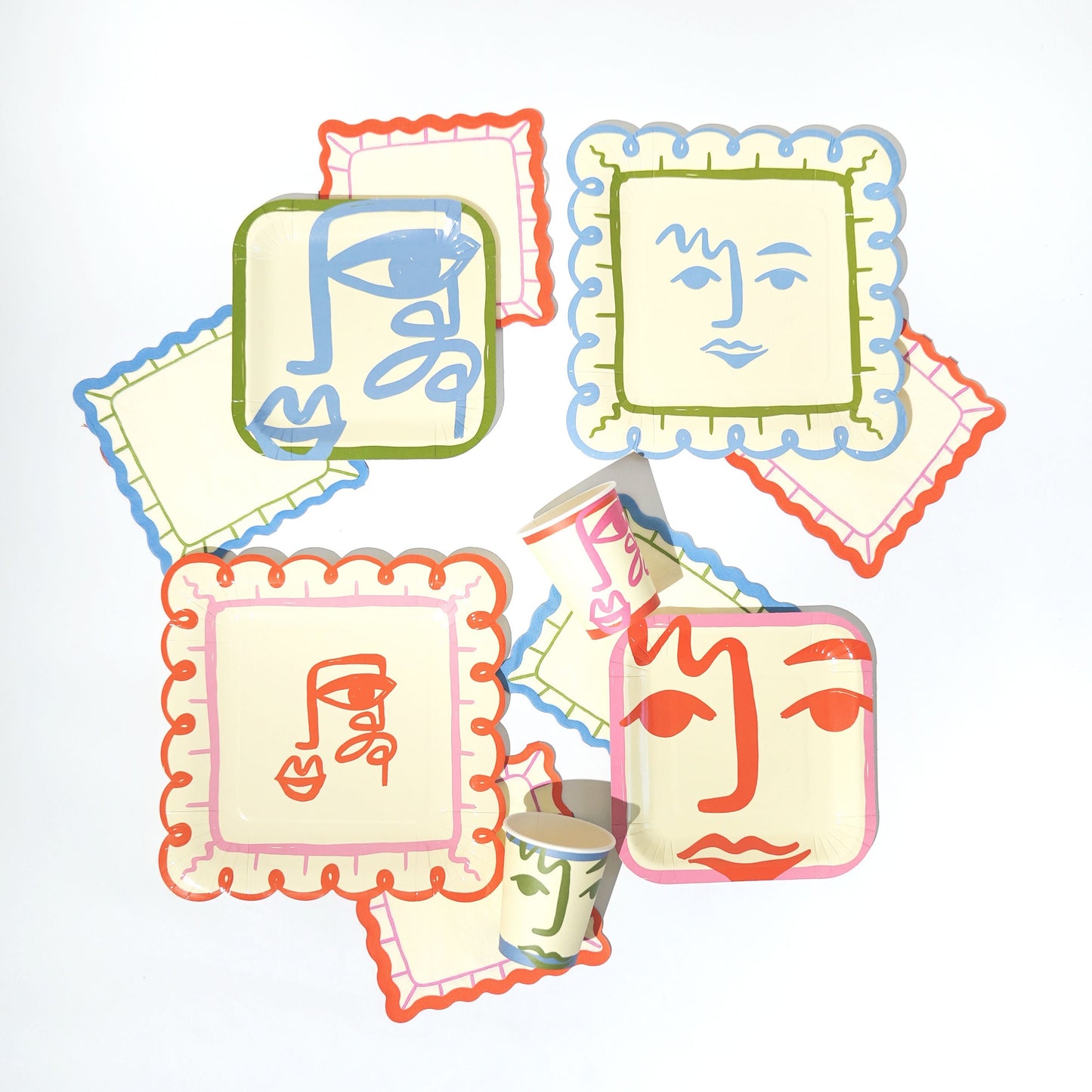 Essential Art Party Pack with 12 artistic dinner plates, dessert plates, napkins, and cups for a colorful kids' party