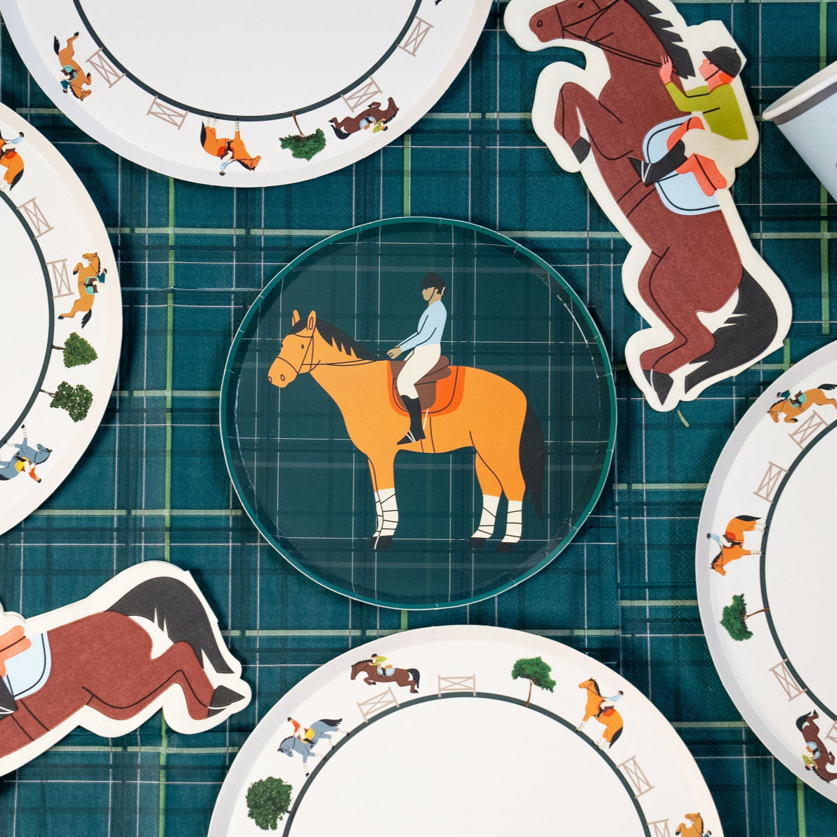 Set of 12 eco-friendly 7-inch equestrian horse dessert plates with plaid design and rider silhouette for horse-themed parties