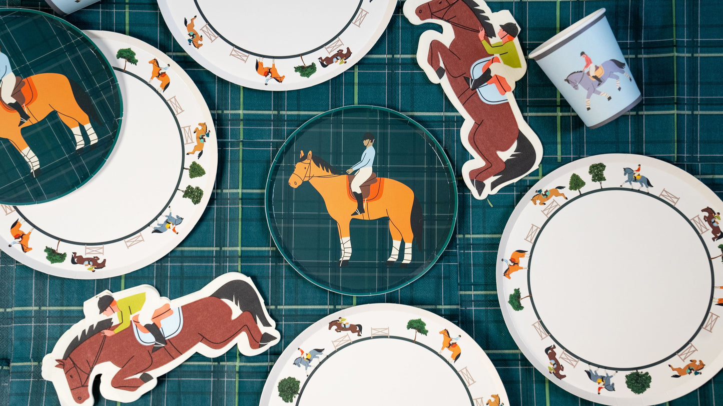 9oz recyclable equestrian horse riding paper cups with rider and horse illustration on sky blue for kids parties and horse events