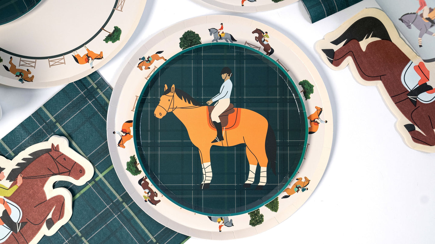 Equestrian Party Pack with horse rider dinner plates, dessert plates, cups, and napkins in plaid design for pony birthday celebration