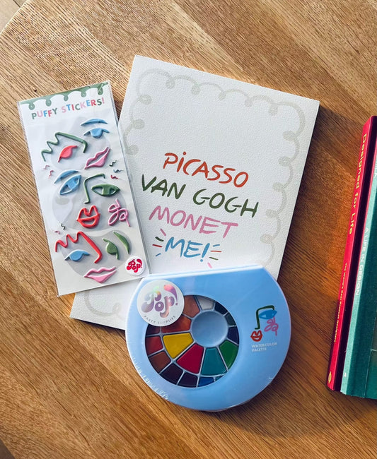 Little Artist Bundle Pack with watercolor palette, paintbrush, art paper pad, and puffy stickers for kids creativity