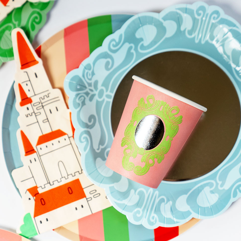 Princess Party Pack with pink and green themed castle plates and decorative paper cup for royal celebrations