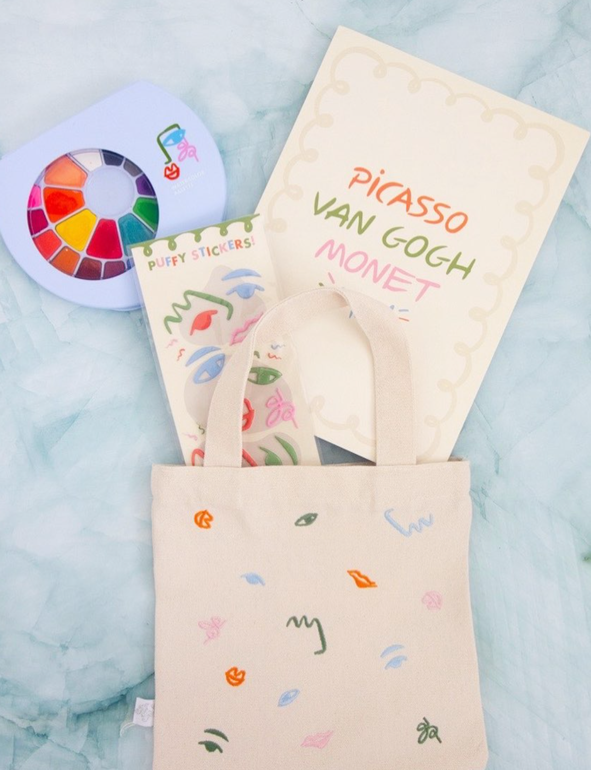 Kid-sized embroidered mini tote bag with art party theme, perfect for kids party favors and reusable gifts