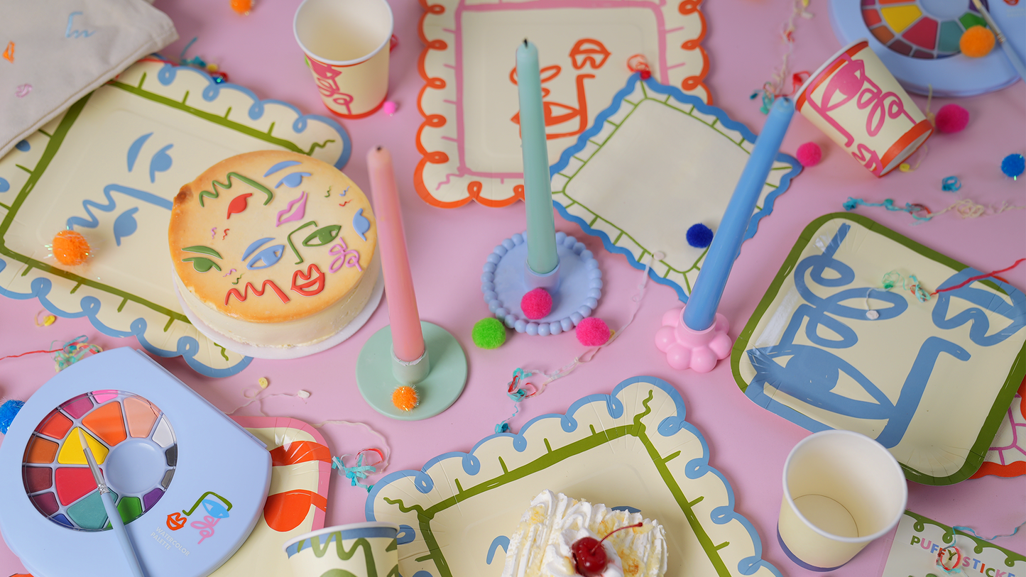 Essential Art Party Pack with modern painting-themed plates, cups, and napkins for 12 guests