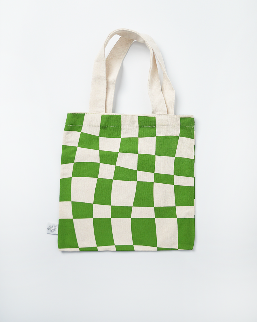 Green and white checkered canvas mini tote bag for kids, reusable party favors for kids