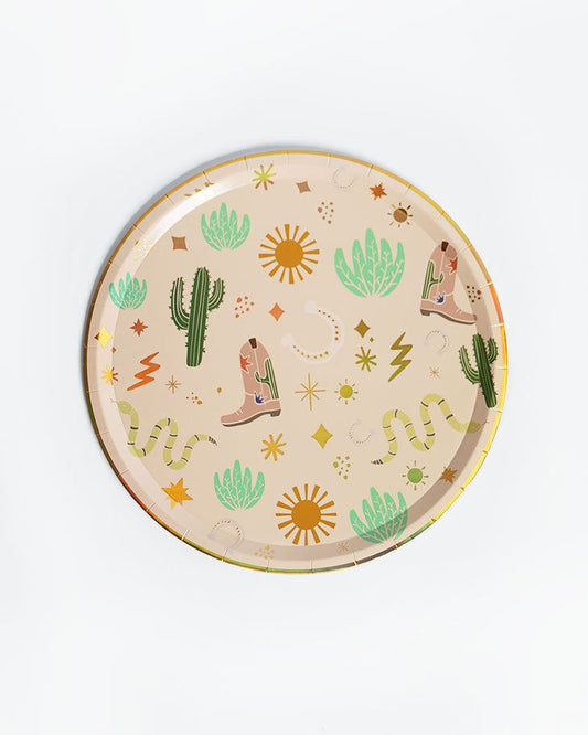 western, cowboy, cowboy boot, cactus, sun, snake, wild west Dinner Plates (x 12)These sensational gold foil cowboy plates are the perfect addition to your Western-themed party, creating an exciting tablescape that's bound to impress your guests.POP party suppliesSssssnake Catcher western theme paper plates