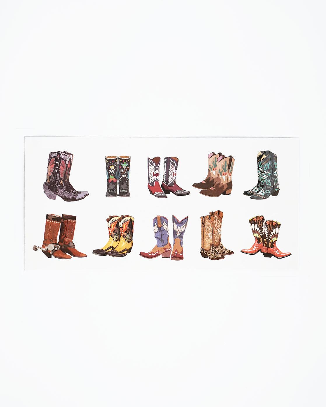 Cowboy boot temporary tattoos sheet with 10 unique cowboy boot designs in a 10 pack set