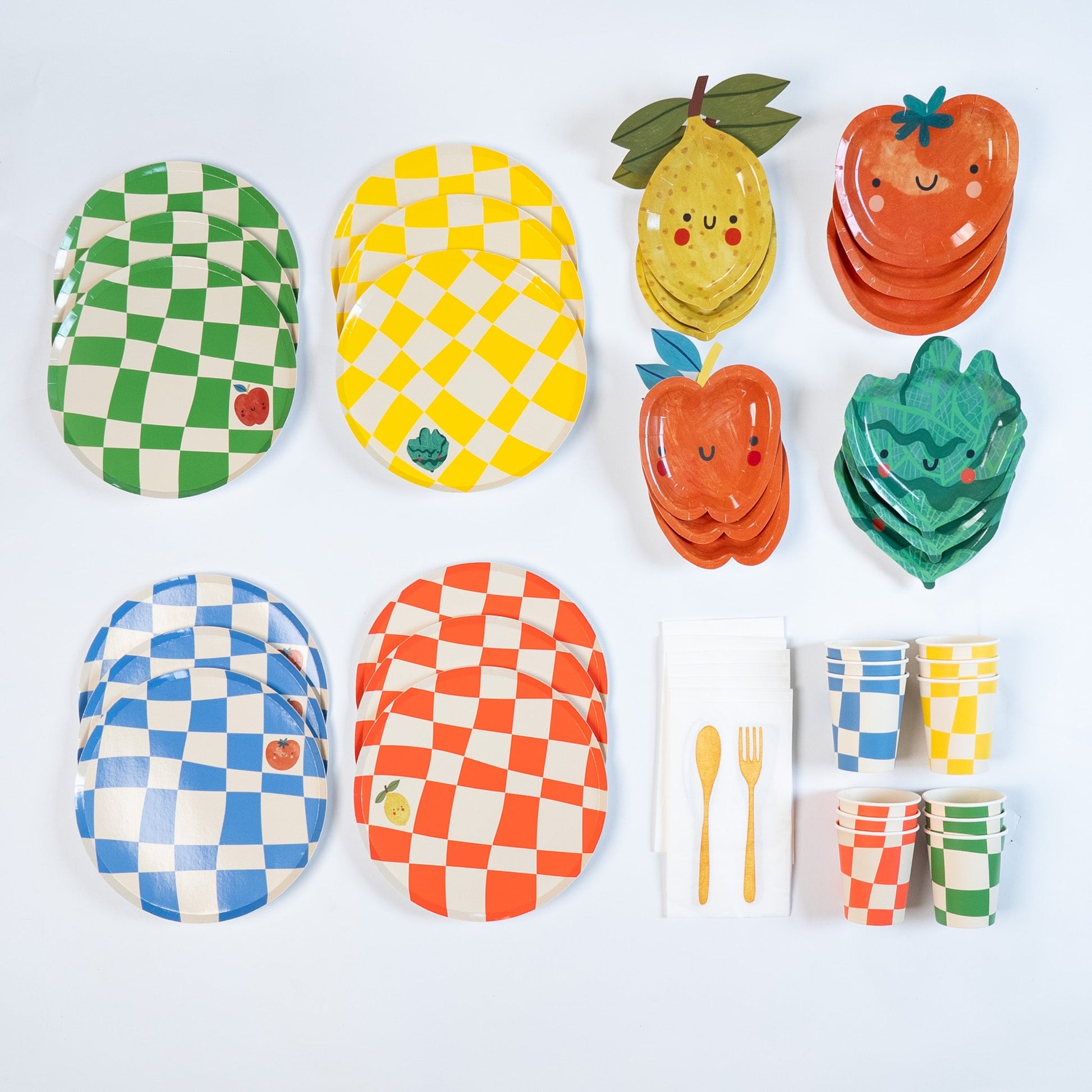 Essential checkered chef party pack with plates, cups, and tableware for 12 kids' cooking birthday party
