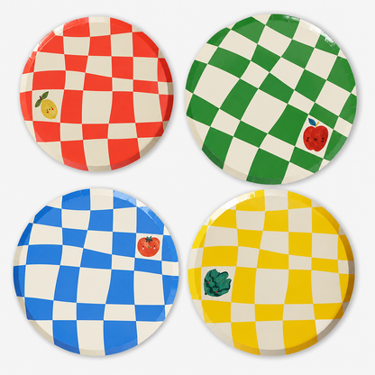 Colorful 9-inch checkered paper plates for kids birthday party set of 12