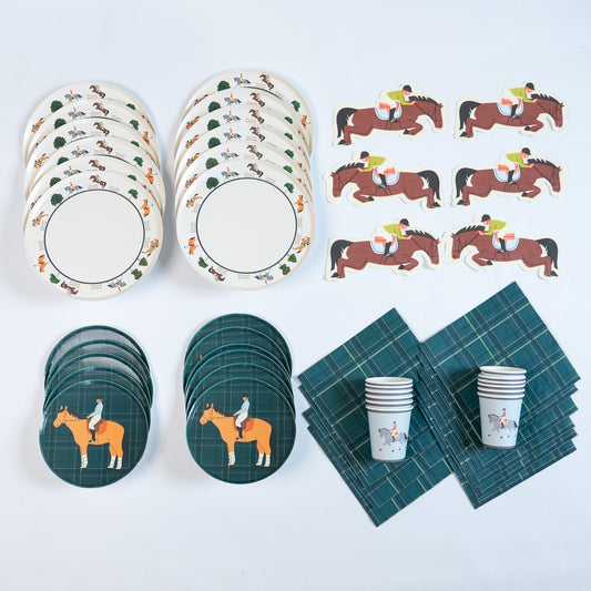 Equestrian Tableware Pack - Horse Party Supplies Set for 12 (Dinner + Dessert Plates, Cups, Napkins) | Pony Birthday Kit