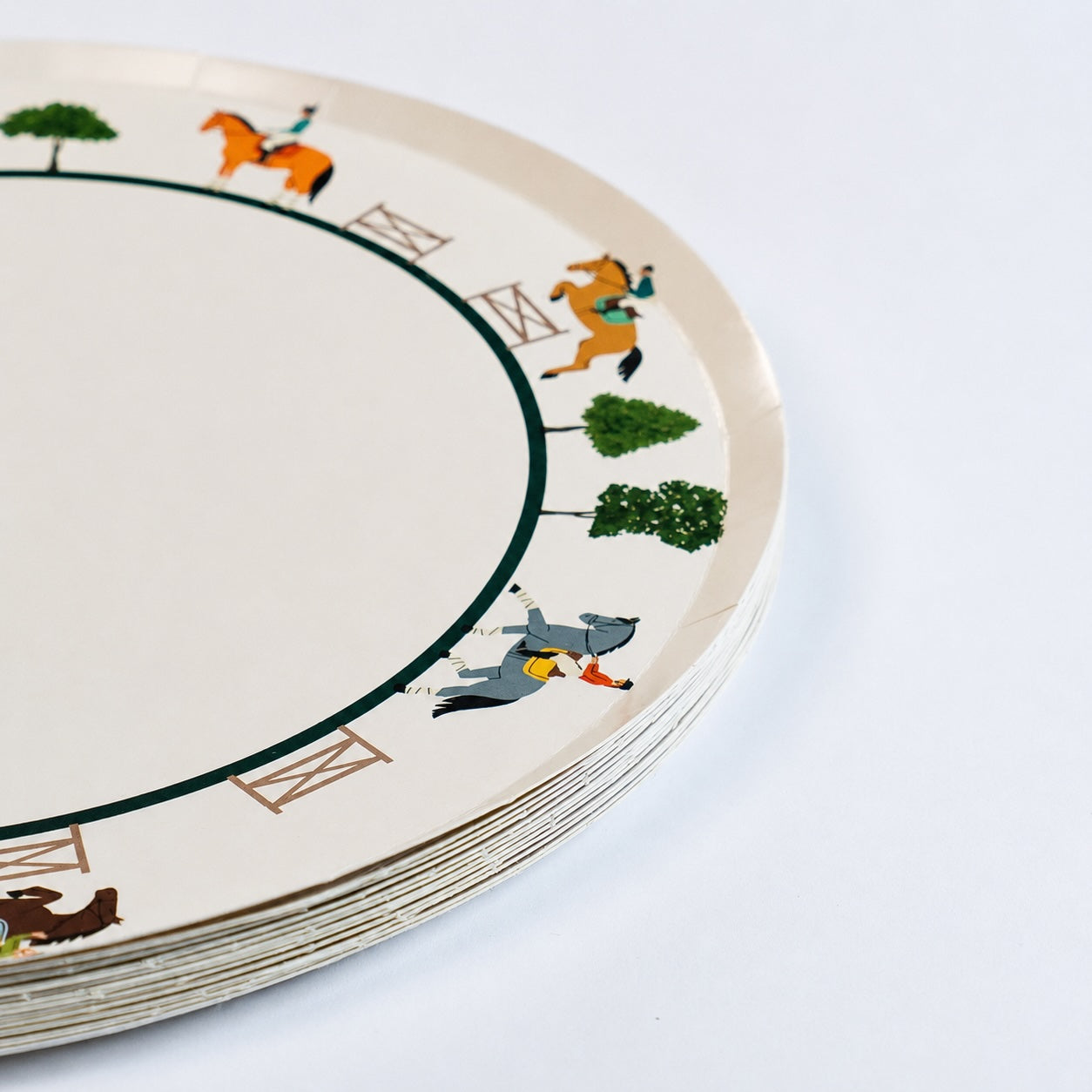 Set of 12 eco-friendly 9-inch equestrian horse riding paper dinner plates with plaid design and horse rider illustration for horse-themed parties