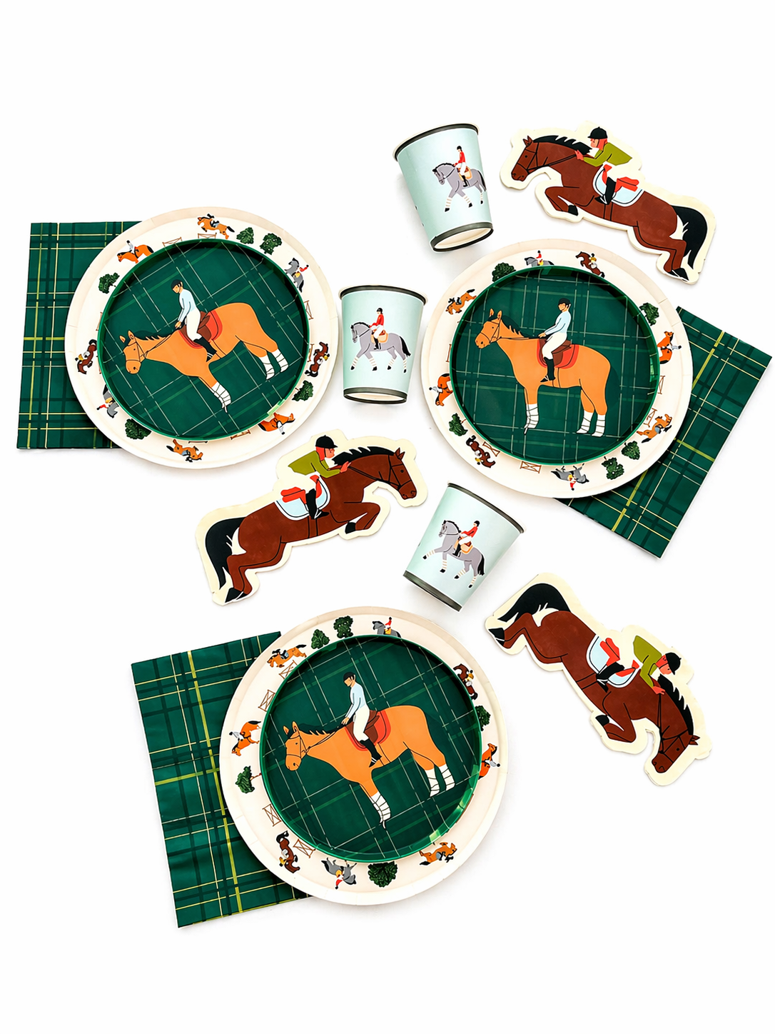 Horse party supplies set with dinner plates, dessert plates, cups, and napkins featuring horse and rider designs on plaid background