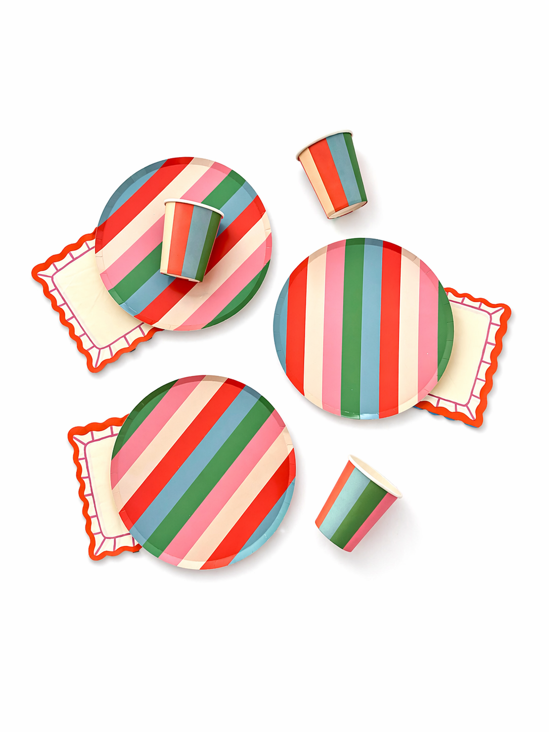 Vibrant Striped Party Pack with colorful plates, cups, and napkins for 12 guests