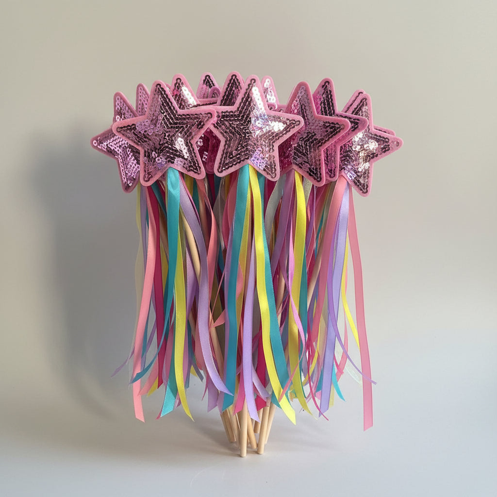 Handcrafted fairy princess ribbon wand with colorful satin ribbons and sequin star patches