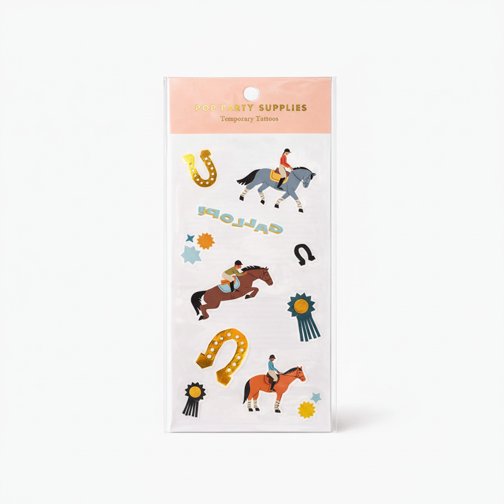 Equestrian Temporary Tattoos with metallic foil horse and riding designs for kids' parties