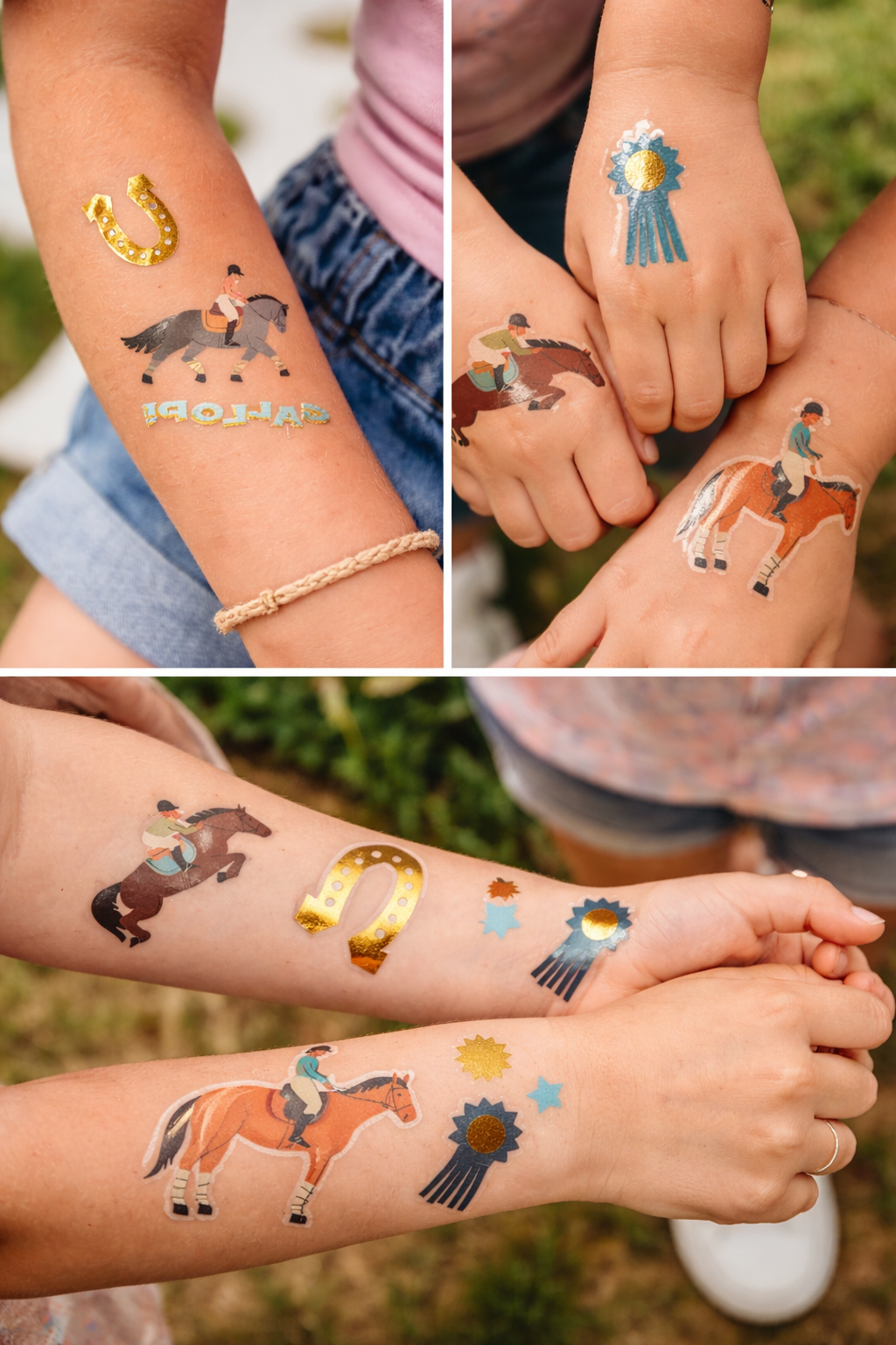 Metallic foil equestrian temporary tattoos featuring horse, rider, horseshoe, and ribbon designs for kids' parties