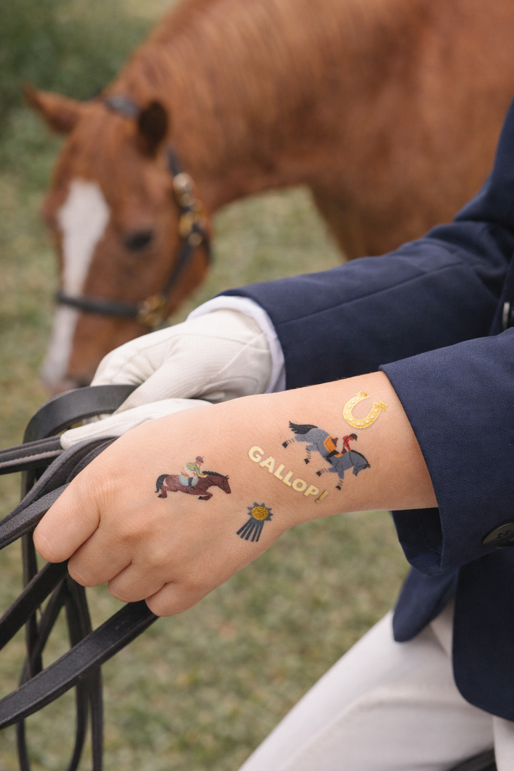 Metallic foil equestrian temporary tattoos with horse and rider designs for kids' parties