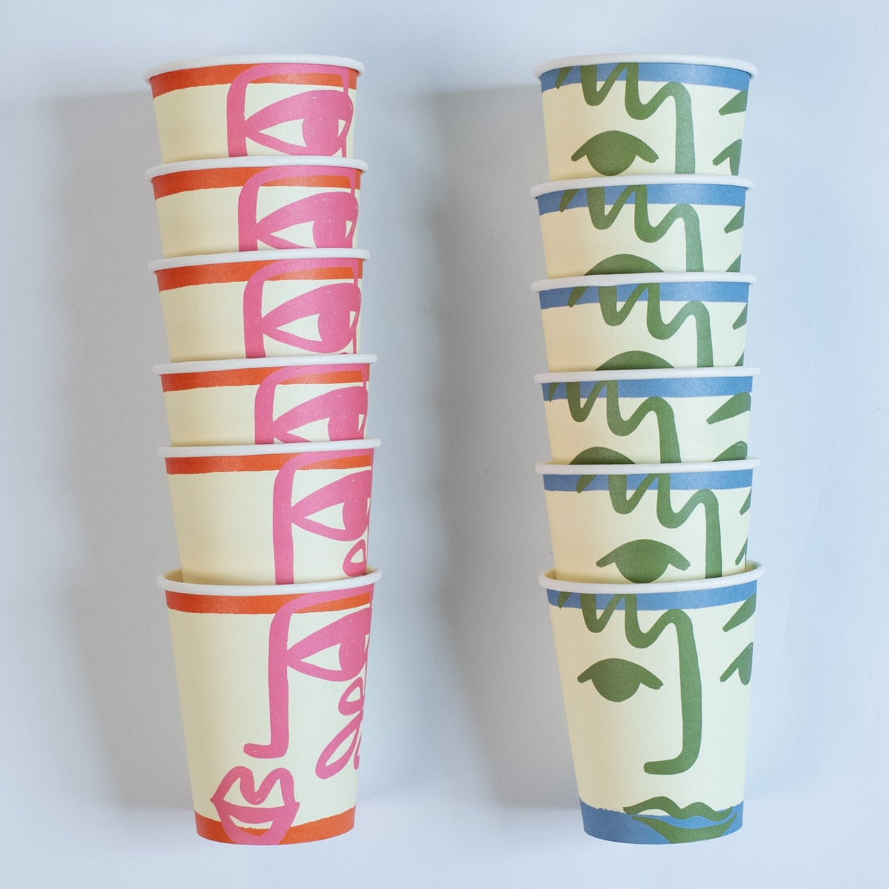 Set of 12 Picasso-inspired face party cups with artistic hand-drawn designs by Tabitha Hope