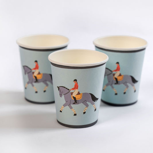 9oz recyclable equestrian horse riding paper cups with rider and horse illustration on sky blue background for kids parties and horse-themed events