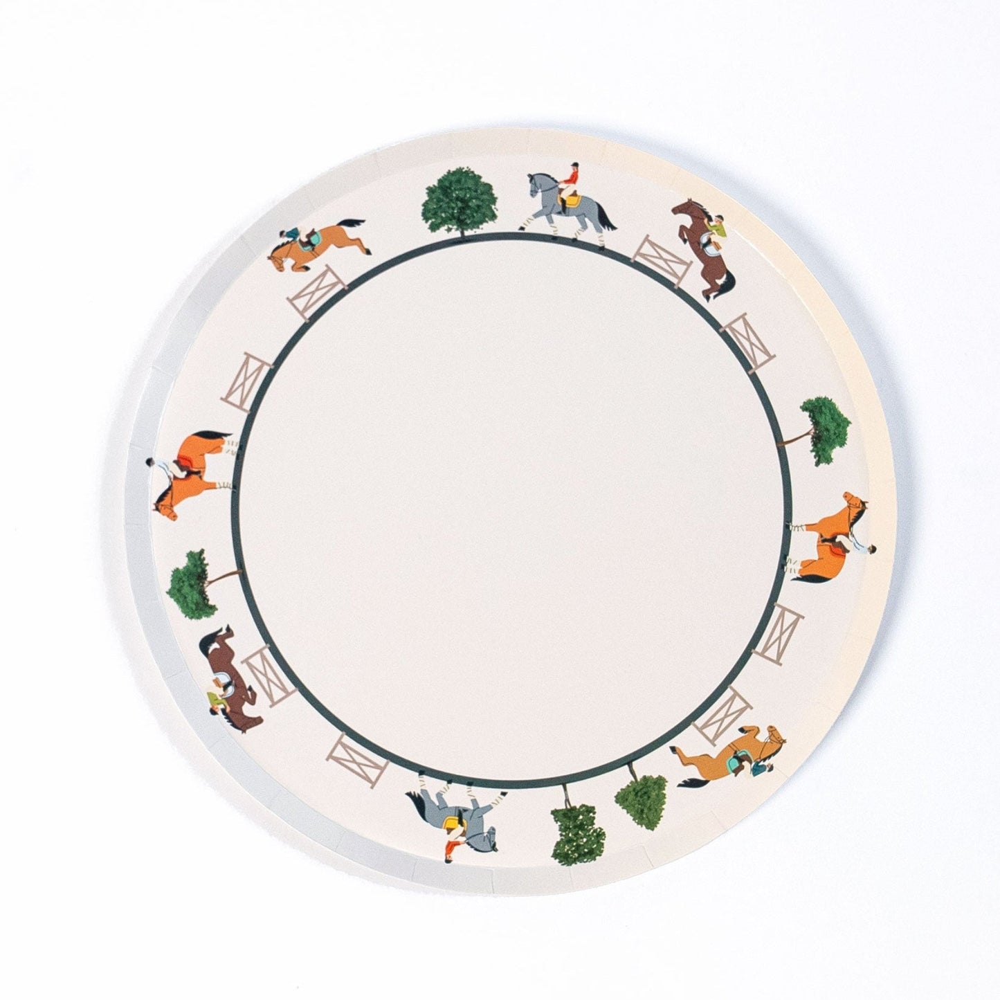 9-inch eco-friendly equestrian horse riding paper dinner plate with horse and rider illustrations and plaid background design