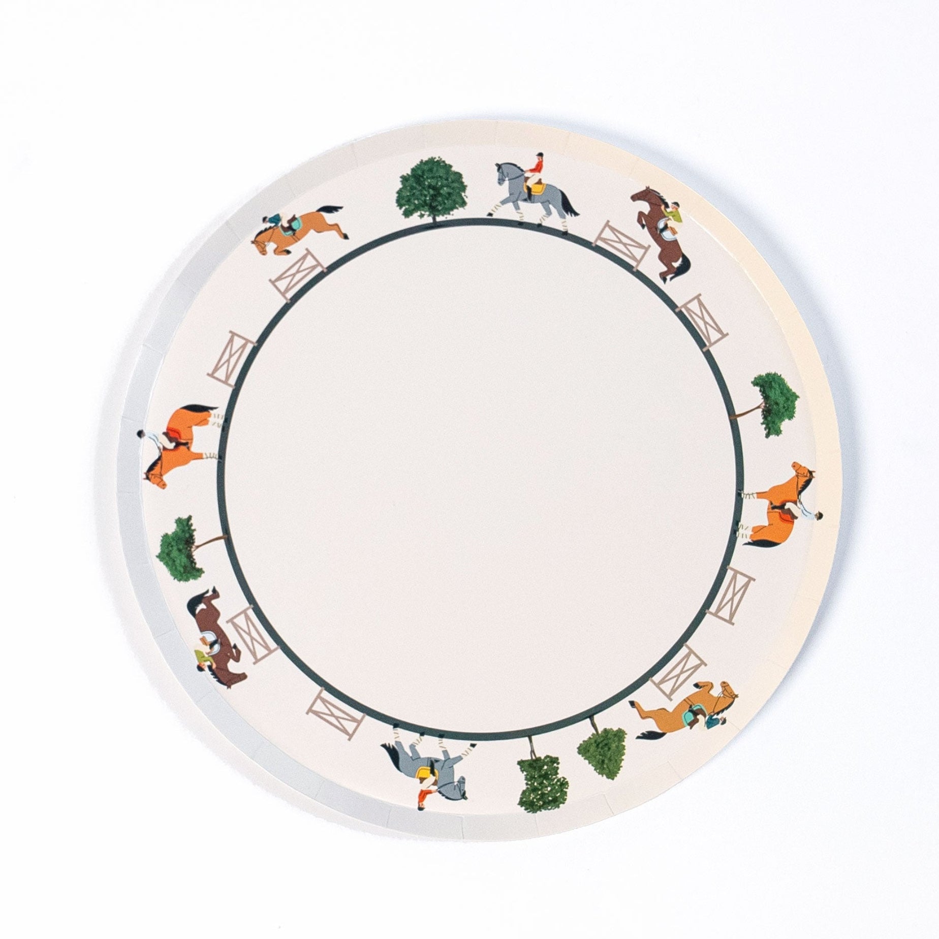 9-inch eco-friendly equestrian horse riding paper dinner plate with horse and rider illustrations and plaid background design