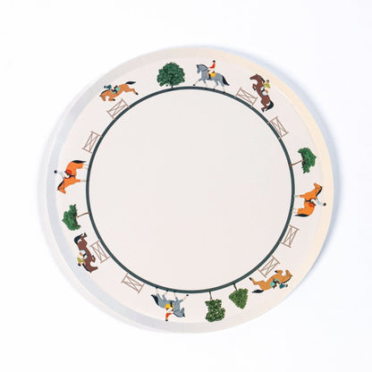 9-inch eco-friendly equestrian horse riding paper dinner plate with horse and rider illustrations and plaid background design
