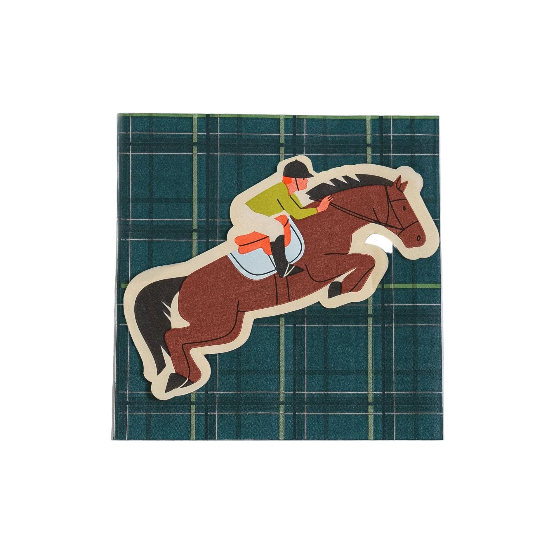 Horse Plaid Party Napkins with jockey and horse design on green plaid background, eco-friendly and recyclable paper napkins.