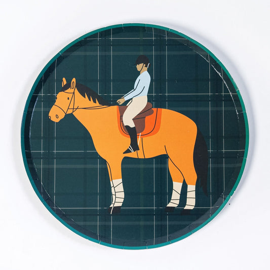 Equestrian horse dessert plate with rider silhouette and plaid background, 7-inch recyclable paper plate for horse-themed parties