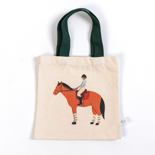 Equestrian mini tote bag with chestnut horse and rider design for kids, 10x10 canvas with hunter green handles
