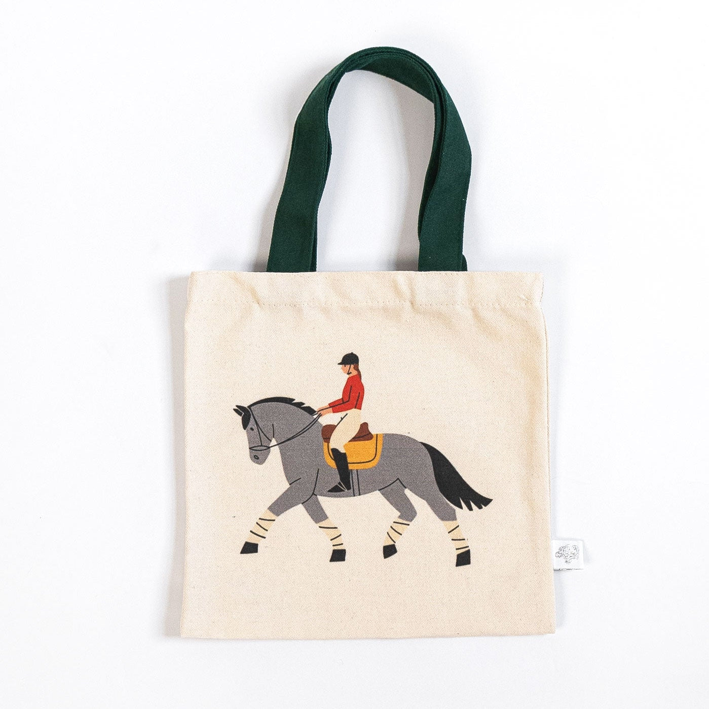 Equestrian mini tote bag with gray horse and rider illustration on canvas for kids