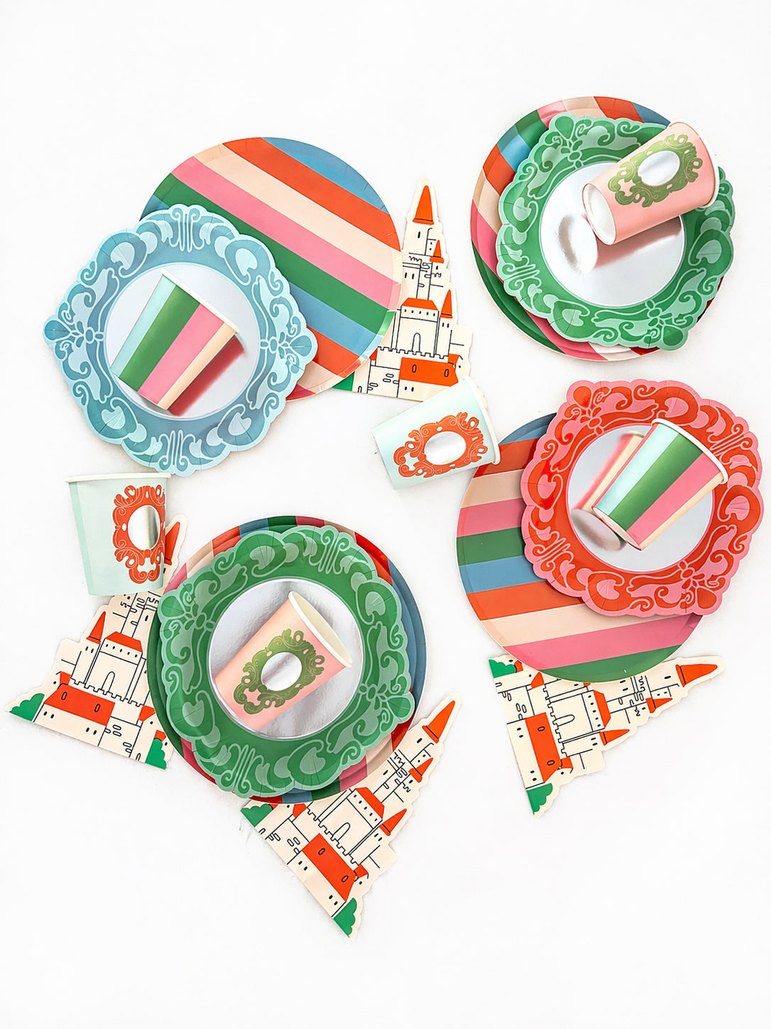Princess Party Pack with pink and green royal-themed tableware for 12 guests including plates, cups, and napkins