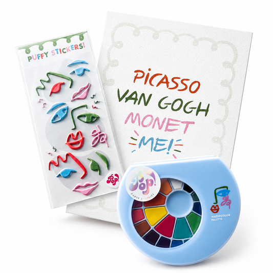 Little Artist Bundle Pack with watercolor palette, paintbrush, paper pad, and stickers for kids' creativity