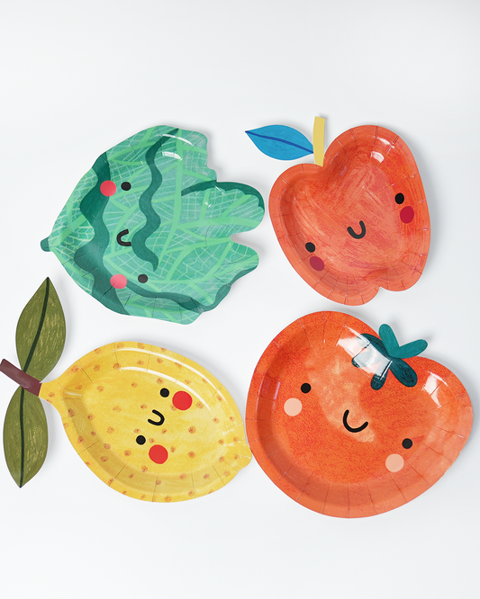 Little Chef Dessert Plates (x 12)Set the perfect party with these twelve die-cut, Little Chef Dessert Plates. These foody cutie plates come in four unique shapes – lemon, tomato, lettuce, and apple POP party suppliesChef Dessert party plates