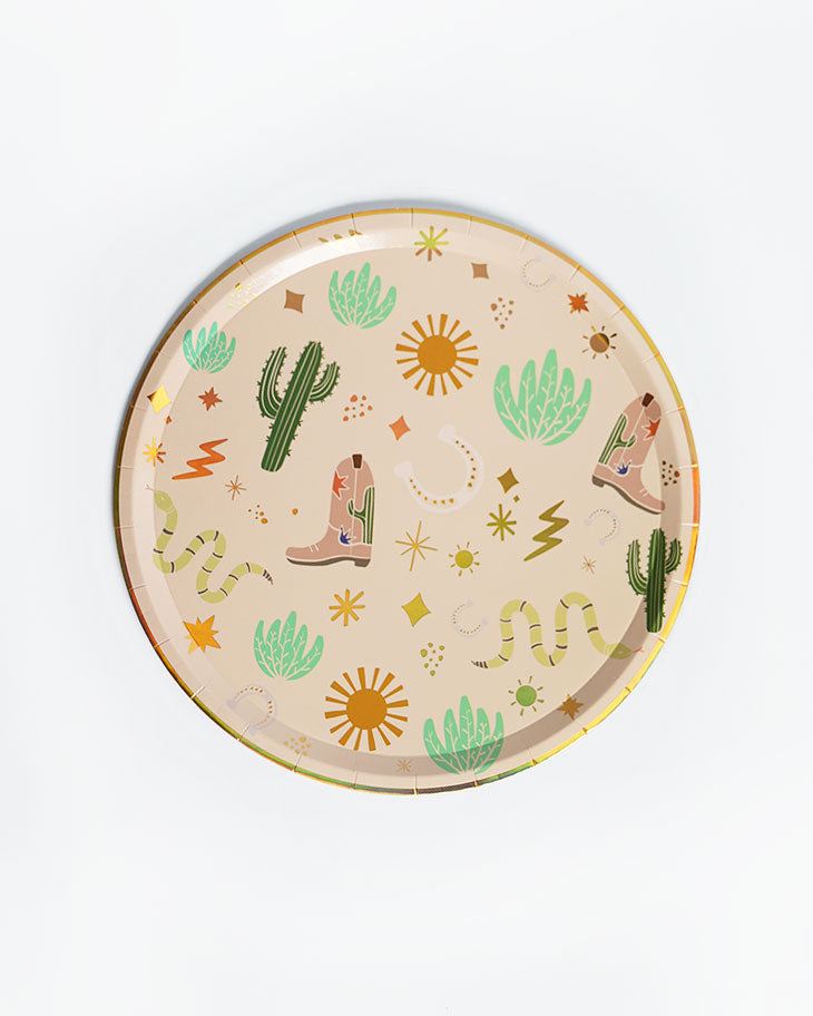 Sssssnake Catcher Dinner Plates (x 12)These sensational gold foil cowboy plates are the perfect addition to your Western-themed party, creating an exciting tablescape that's bound to impress your guests.POP party suppliesSssssnake Catcher western theme paper plates